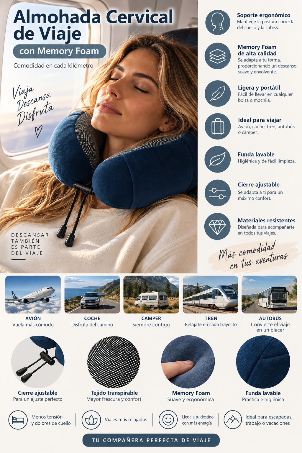 Almohada Cervical de Viaje | Soporte Ergonómico en Memory Foam